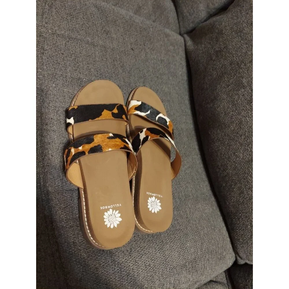 Yellow Box Slides Keily Sz 8.5 Real‎ Fur Dyed And Treated Cow Hair Summer Flips - Picture 2 of 7
